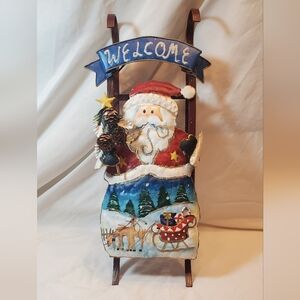 Welcome Santa Claus Fabricated Metal Painted Sled Sign Sleigh Reindeer Pine Cone